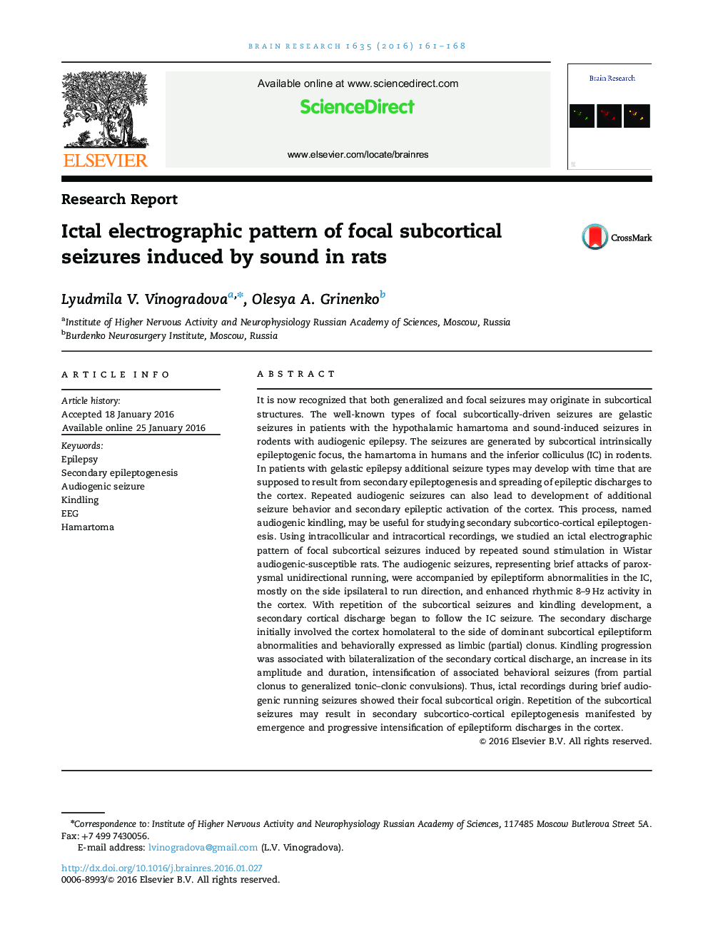 Research ReportIctal electrographic pattern of focal subcortical seizures induced by sound in rats