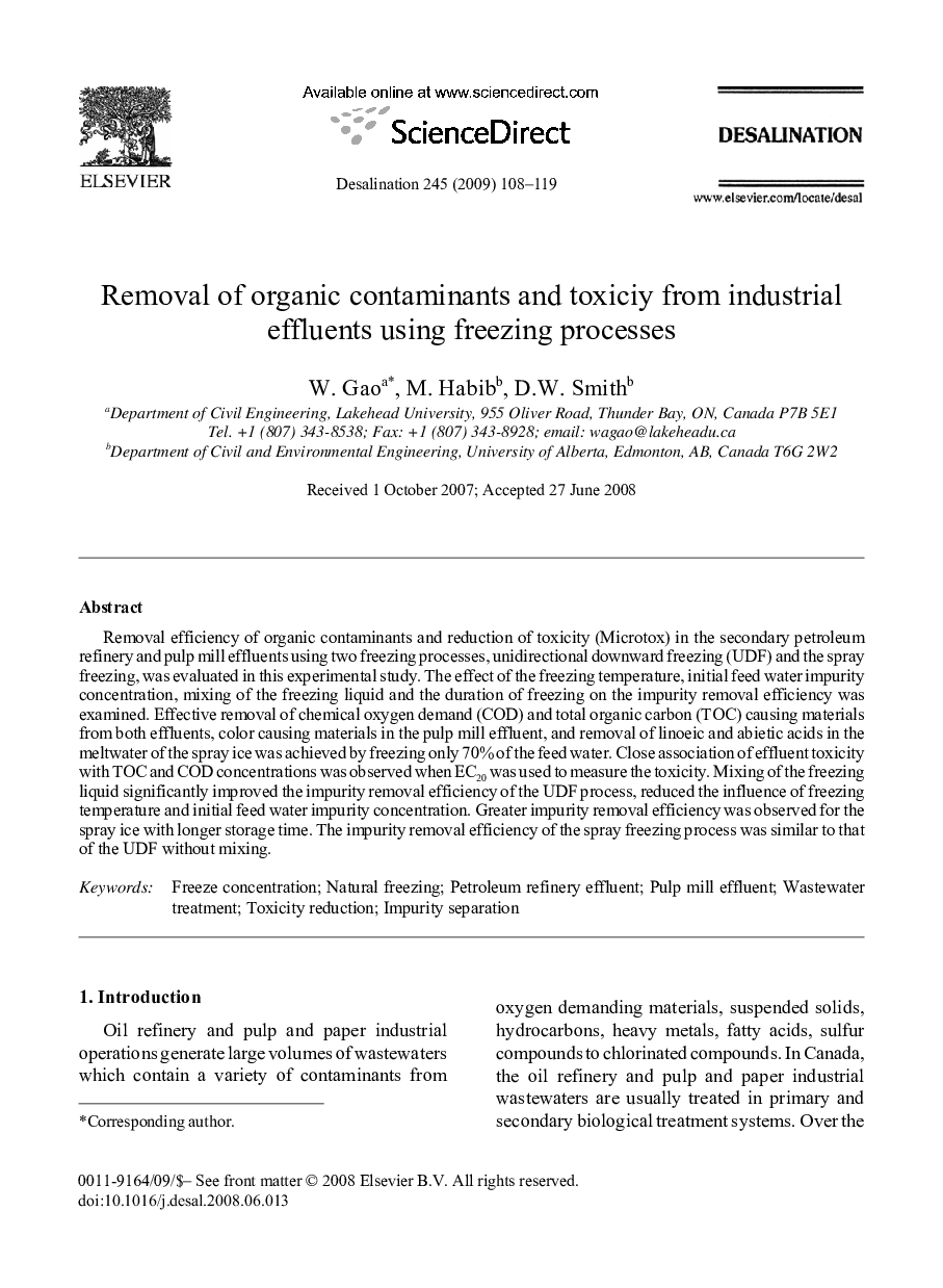 Removal of organic contaminants and toxiciy from industrial effluents using freezing processes