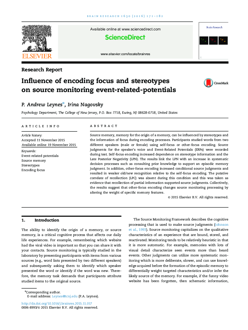 Research ReportInfluence of encoding focus and stereotypes on source monitoring event-related-potentials