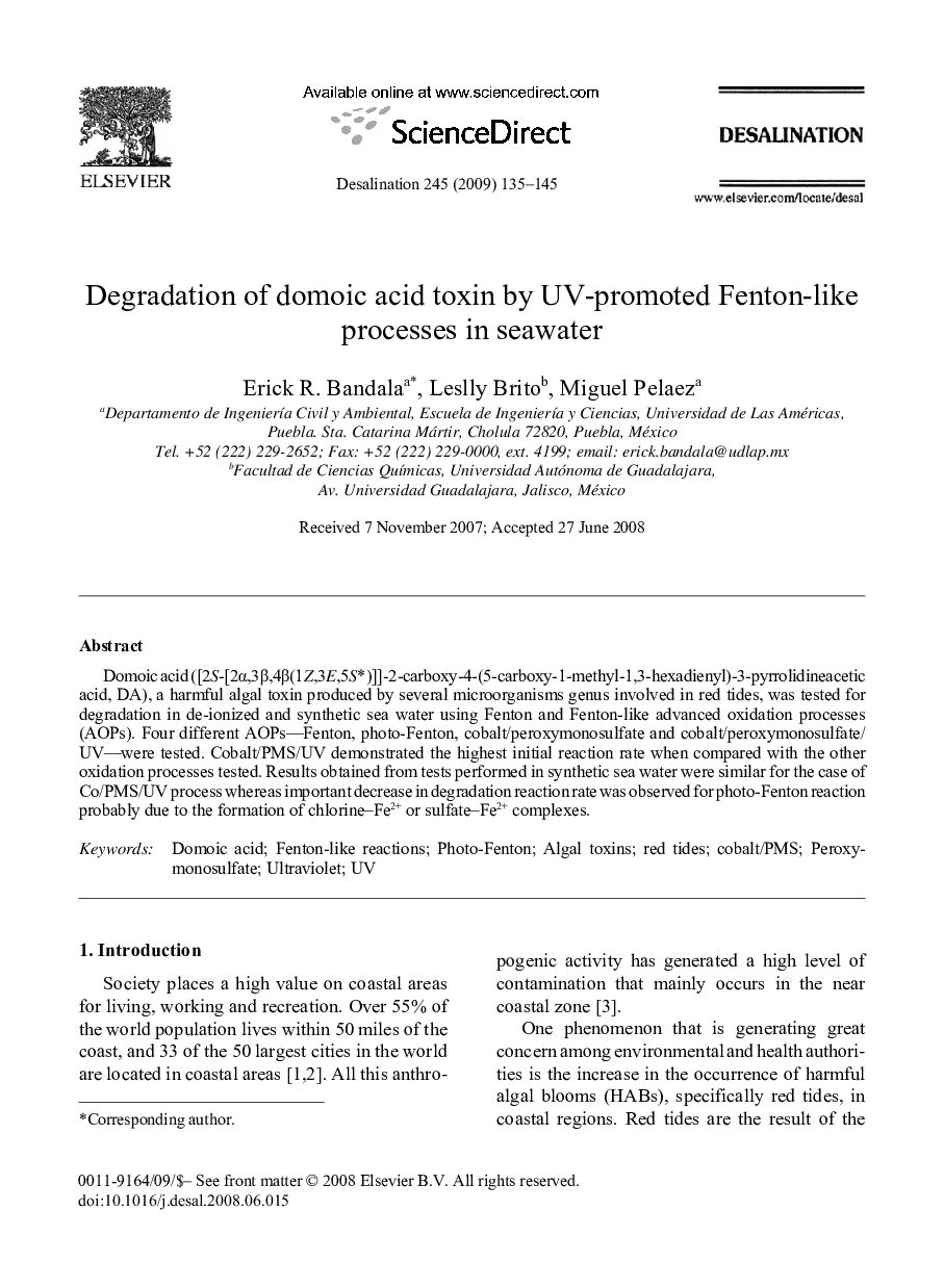 Degradation of domoic acid toxin by UV-promoted Fenton-like processes in seawater