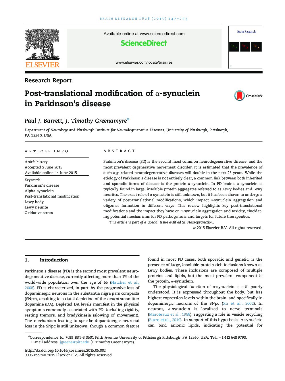 Research ReportPost-translational modification of Î±-synuclein in Parkinson×³s disease