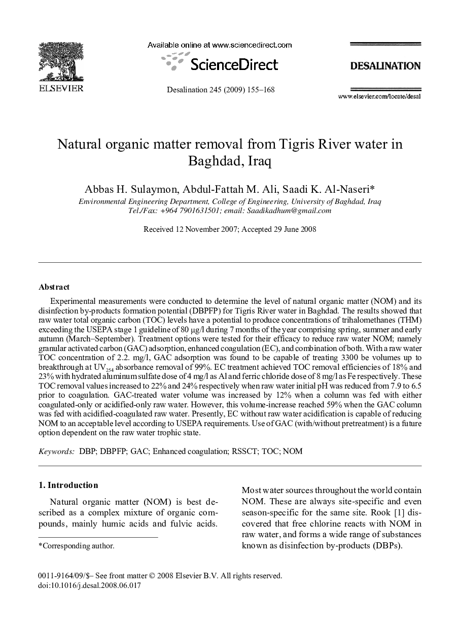 Natural organic matter removal from Tigris River water in Baghdad, Iraq
