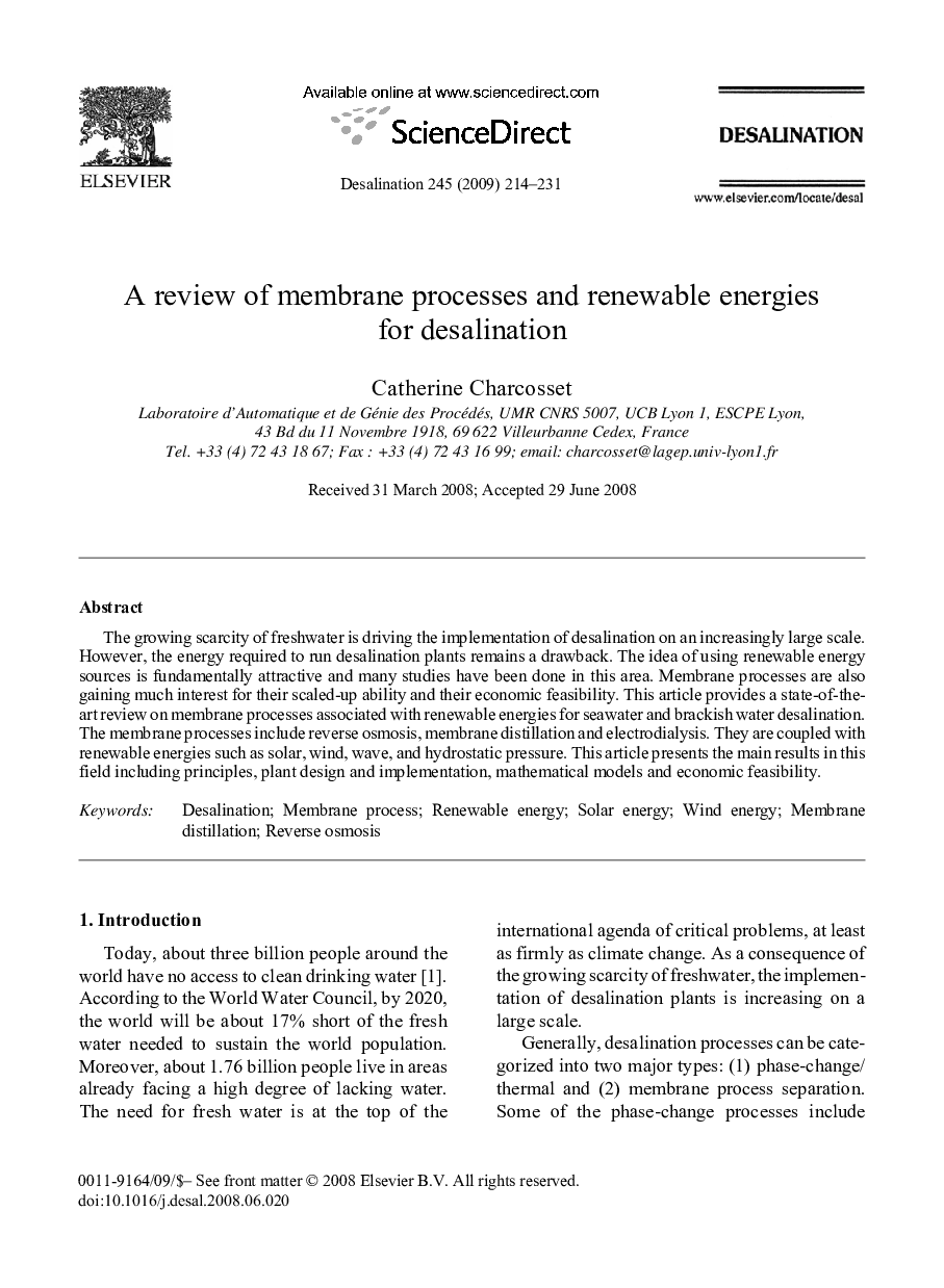 A review of membrane processes and renewable energies for desalination