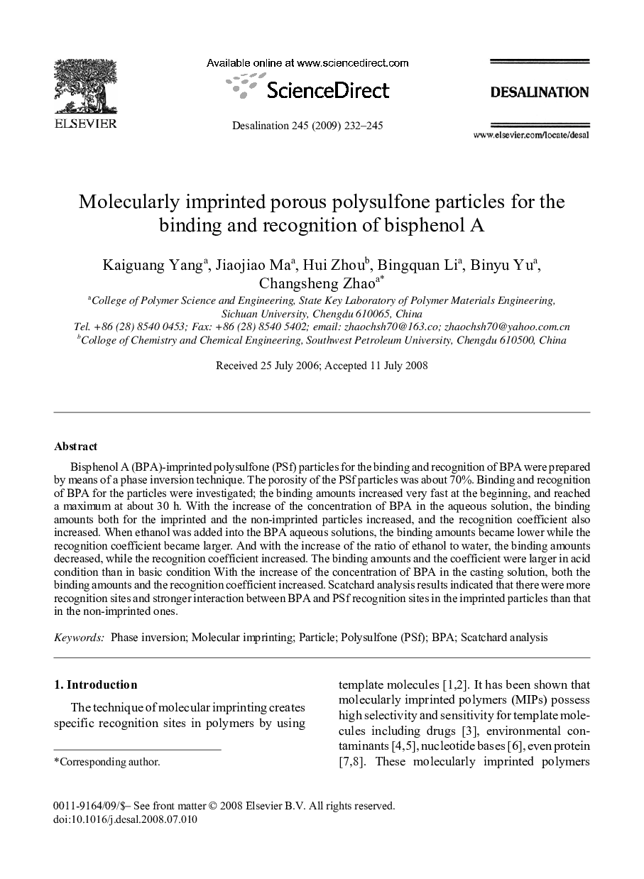 Molecularly imprinted porous polysulfone particles for the binding and recognition of bisphenol A