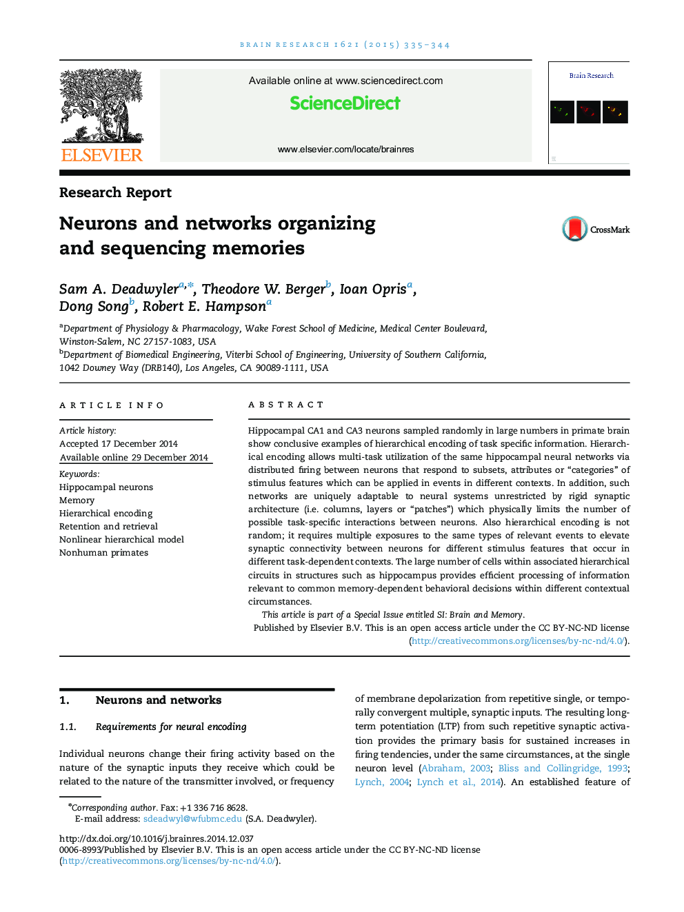 Research ReportNeurons and networks organizing and sequencing memories