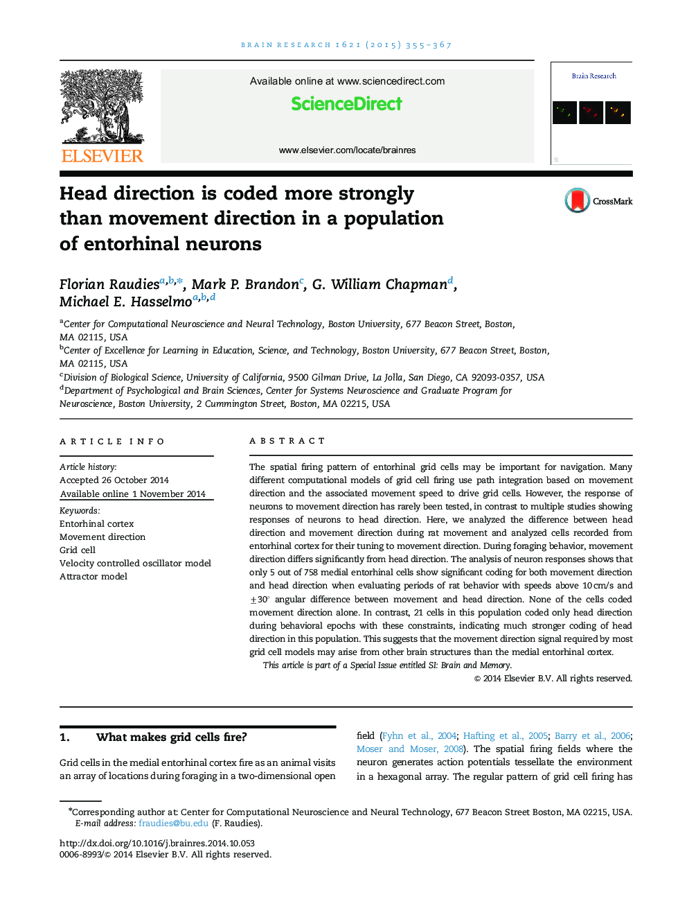 Head direction is coded more strongly than movement direction in a population of entorhinal neurons