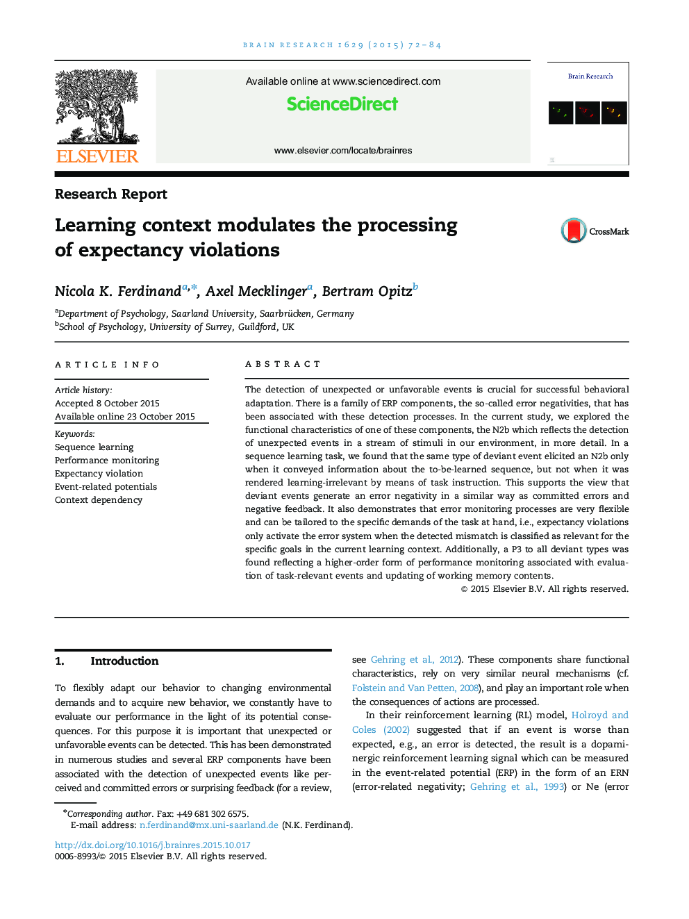 Research ReportLearning context modulates the processing of expectancy violations