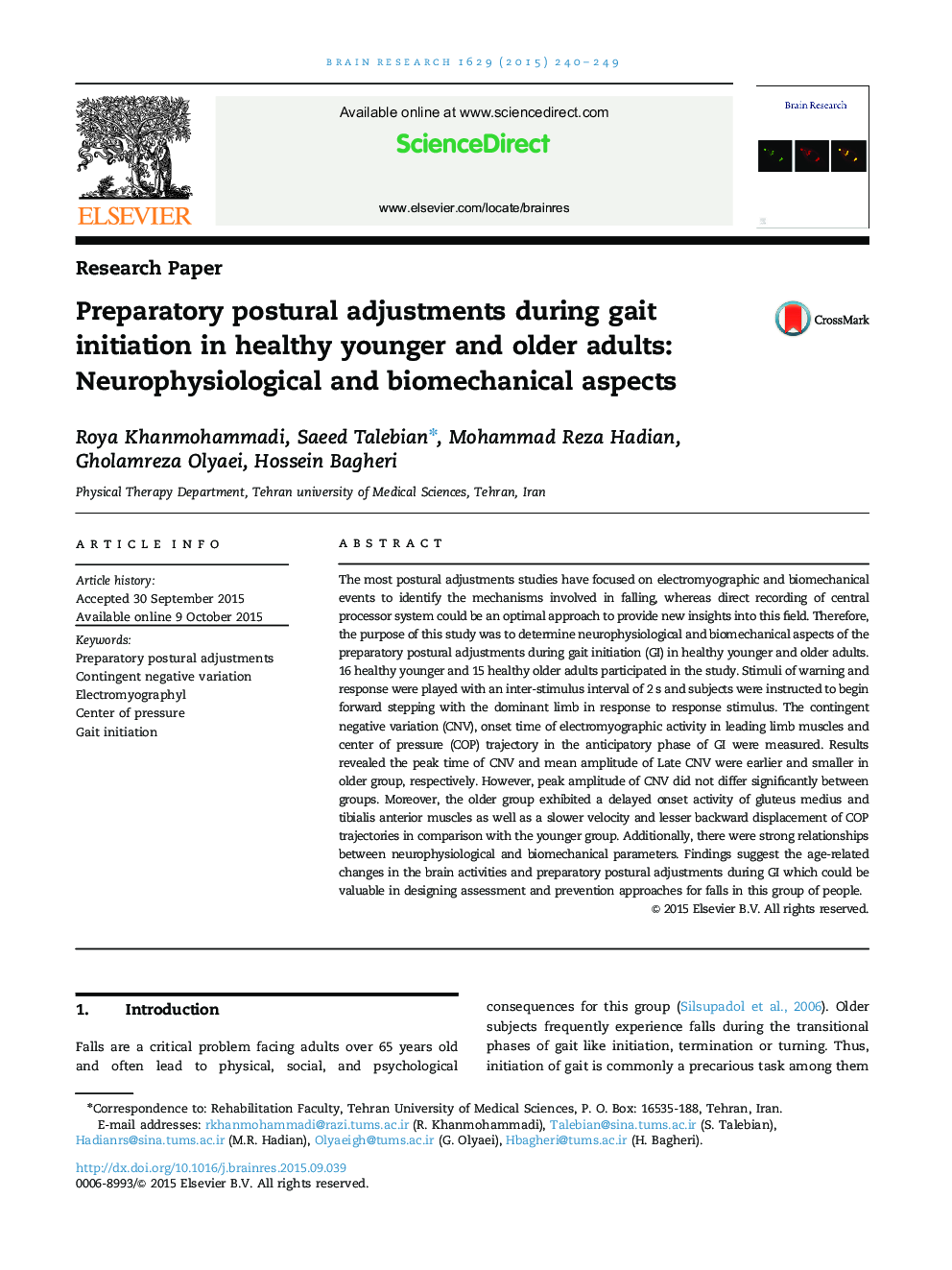 Research PaperPreparatory postural adjustments during gait initiation in healthy younger and older adults: Neurophysiological and biomechanical aspects