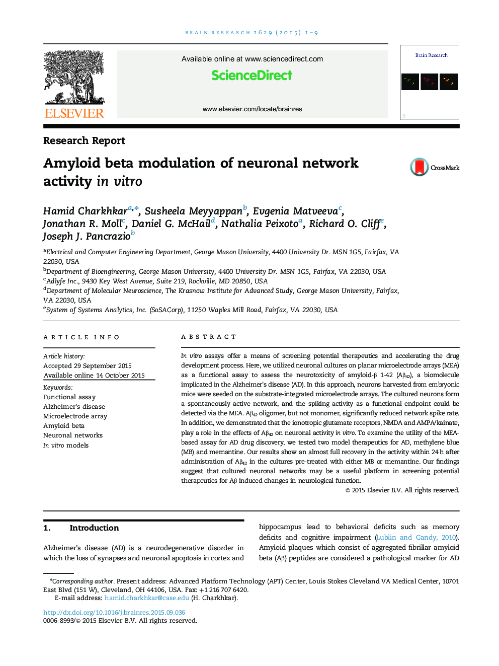 Research ReportAmyloid beta modulation of neuronal network activity in vitro