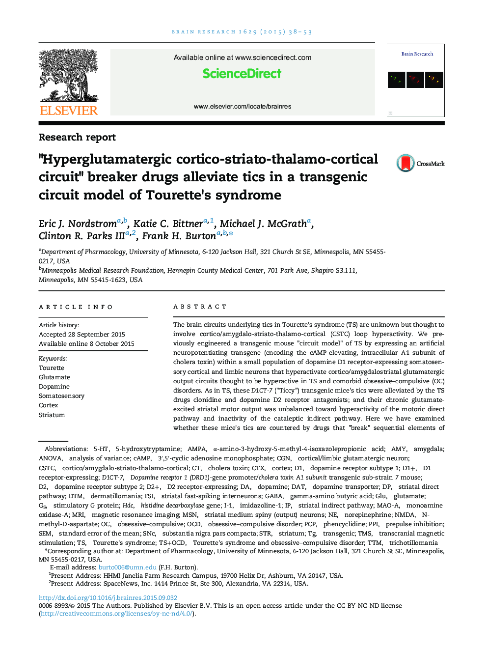 Research report"Hyperglutamatergic cortico-striato-thalamo-cortical circuit" breaker drugs alleviate tics in a transgenic circuit model of Tourette×³s syndrome