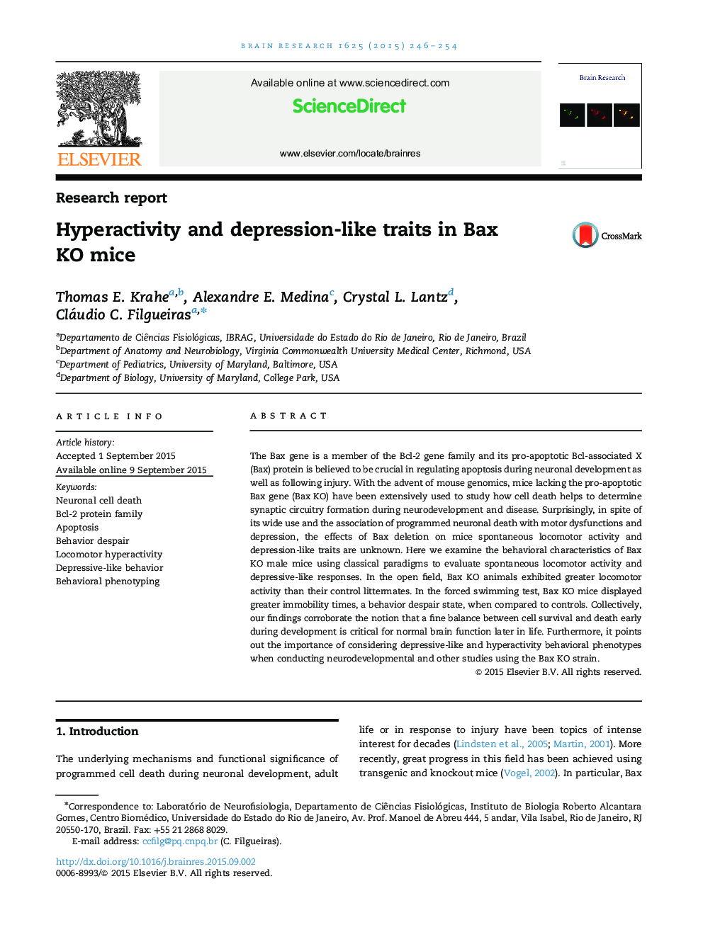 Research reportHyperactivity and depression-like traits in Bax KO mice