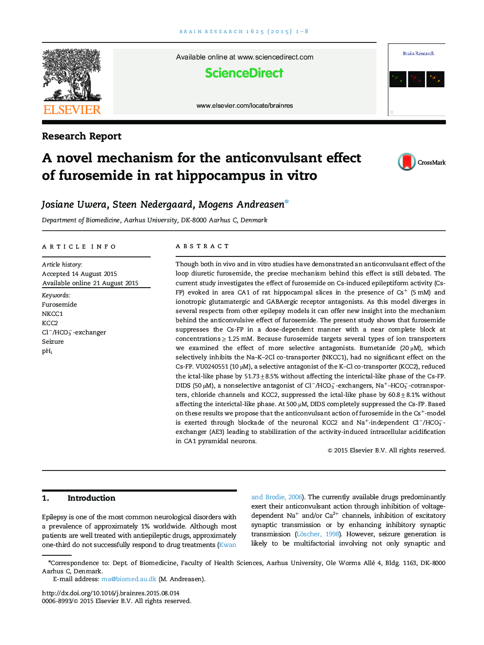Research ReportA novel mechanism for the anticonvulsant effect of furosemide in rat hippocampus in vitro