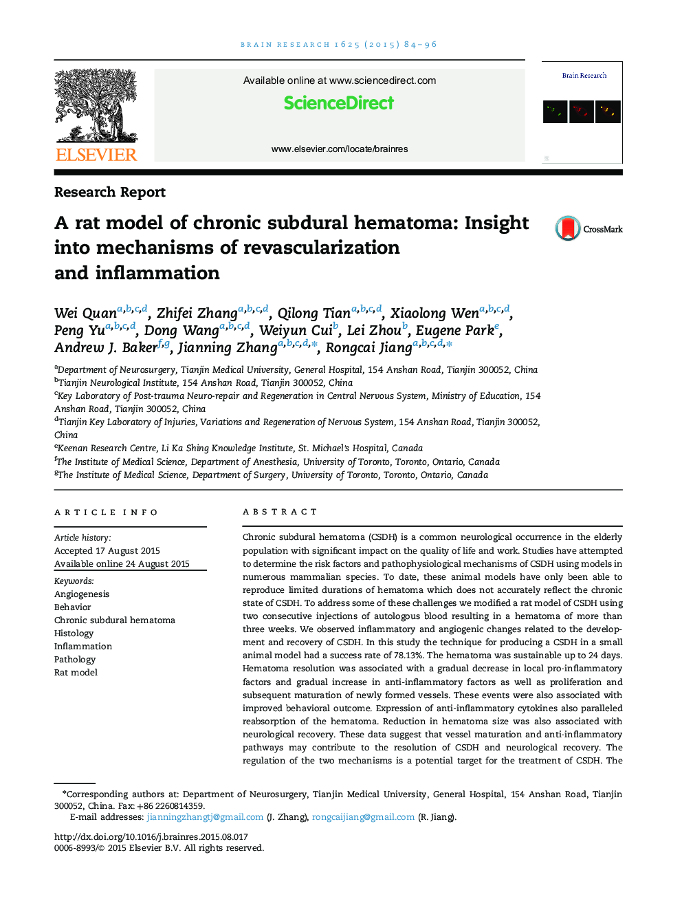 Research ReportA rat model of chronic subdural hematoma: Insight into mechanisms of revascularization and inflammation