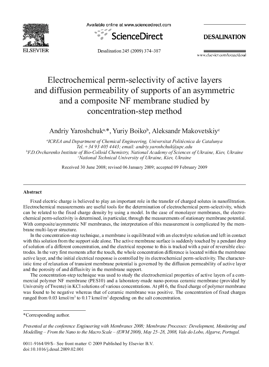 Electrochemical perm-selectivity of active layers and diffusion permeability of supports of an asymmetric and a composite NF membrane studied by concentration-step method