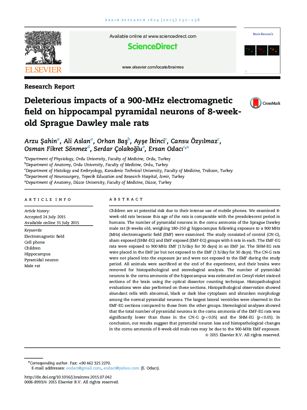 Research ReportDeleterious impacts of a 900-MHz electromagnetic field on hippocampal pyramidal neurons of 8-week-old Sprague Dawley male rats