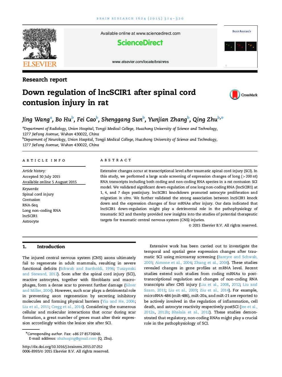 Research reportDown regulation of lncSCIR1 after spinal cord contusion injury in rat