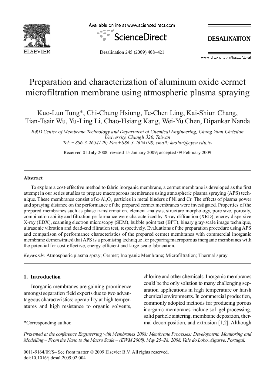 Preparation and characterization of aluminum oxide cermet microfiltration membrane using atmospheric plasma spraying