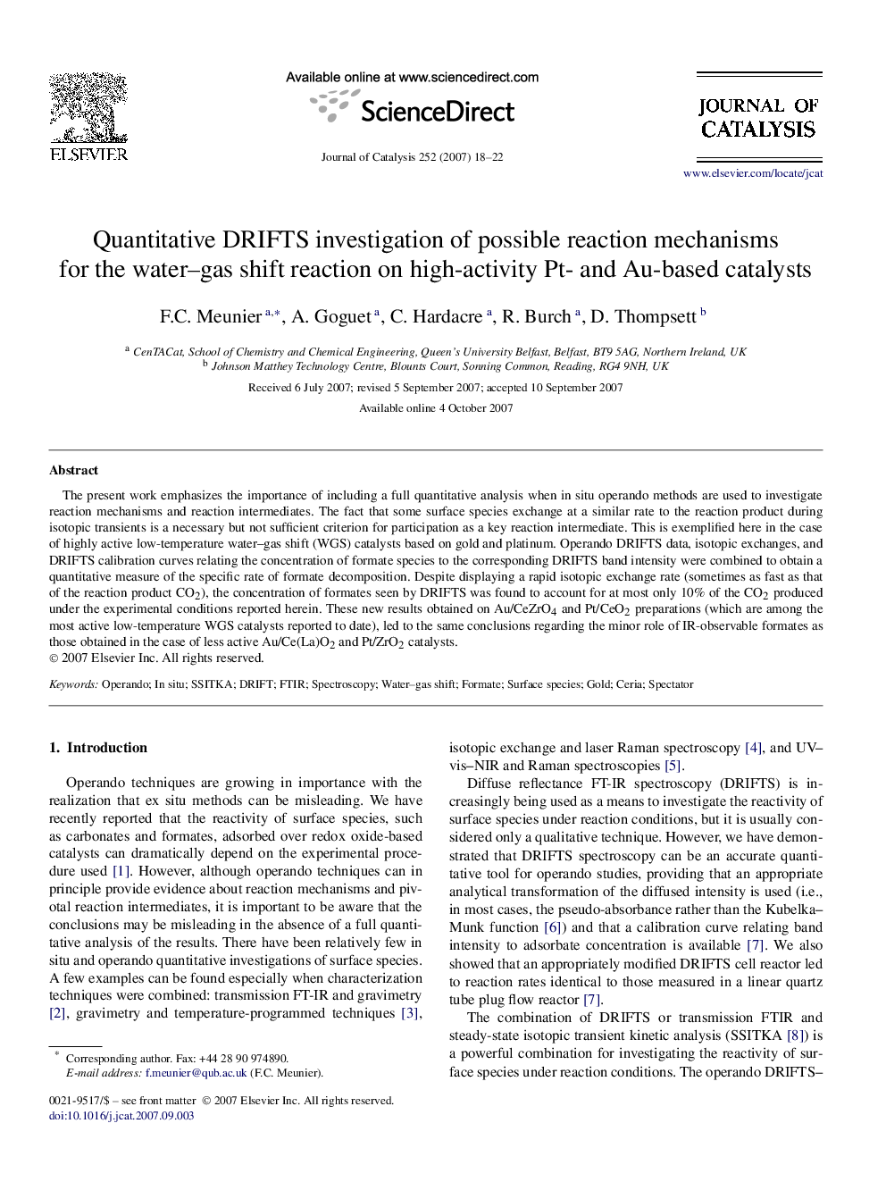 Quantitative DRIFTS investigation of possible reaction mechanisms for the water–gas shift reaction on high-activity Pt- and Au-based catalysts