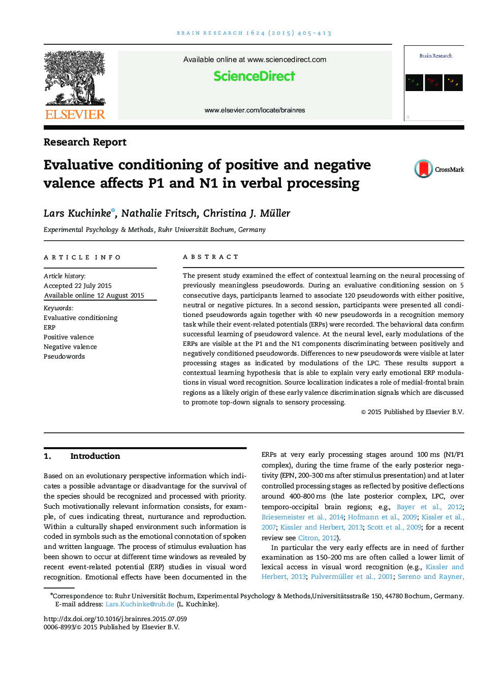 Research ReportEvaluative conditioning of positive and negative valence affects P1 and N1 in verbal processing