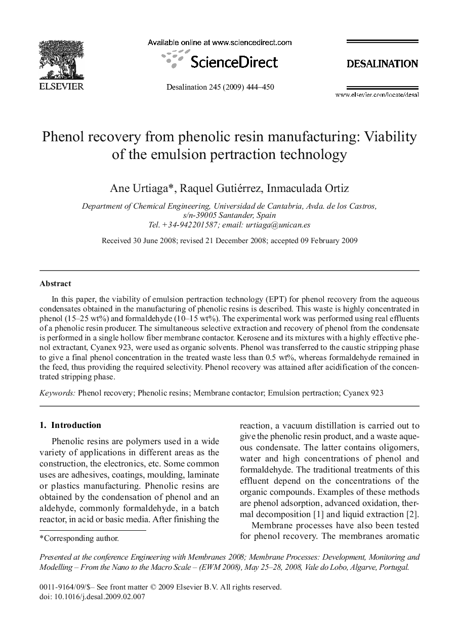 Phenol recovery from phenolic resin manufacturing: Viability of the emulsion pertraction technology