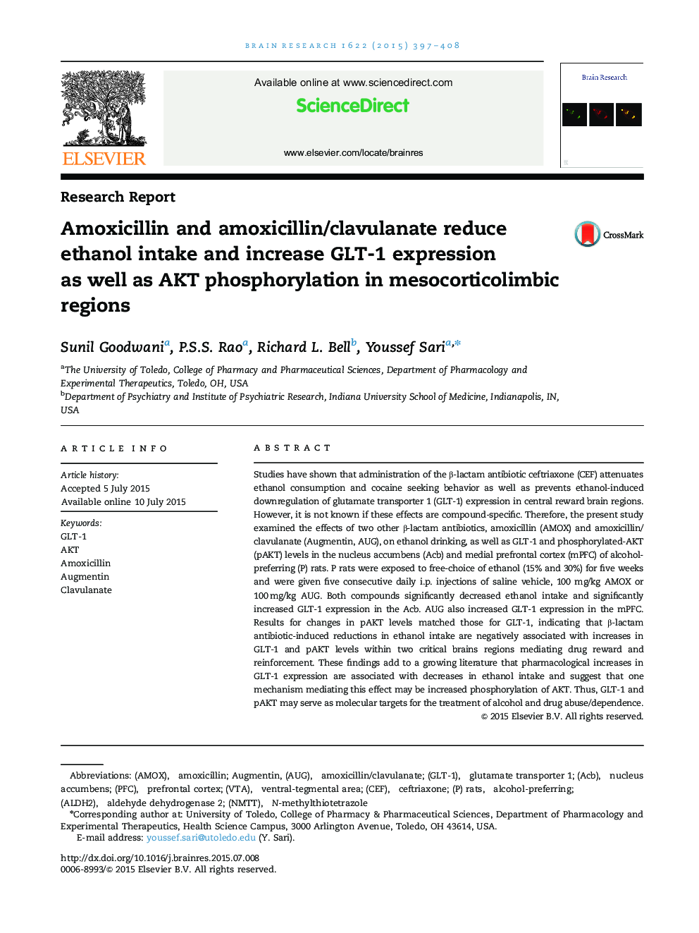 Research ReportAmoxicillin and amoxicillin/clavulanate reduce ethanol intake and increase GLT-1 expression as well as AKT phosphorylation in mesocorticolimbic regions