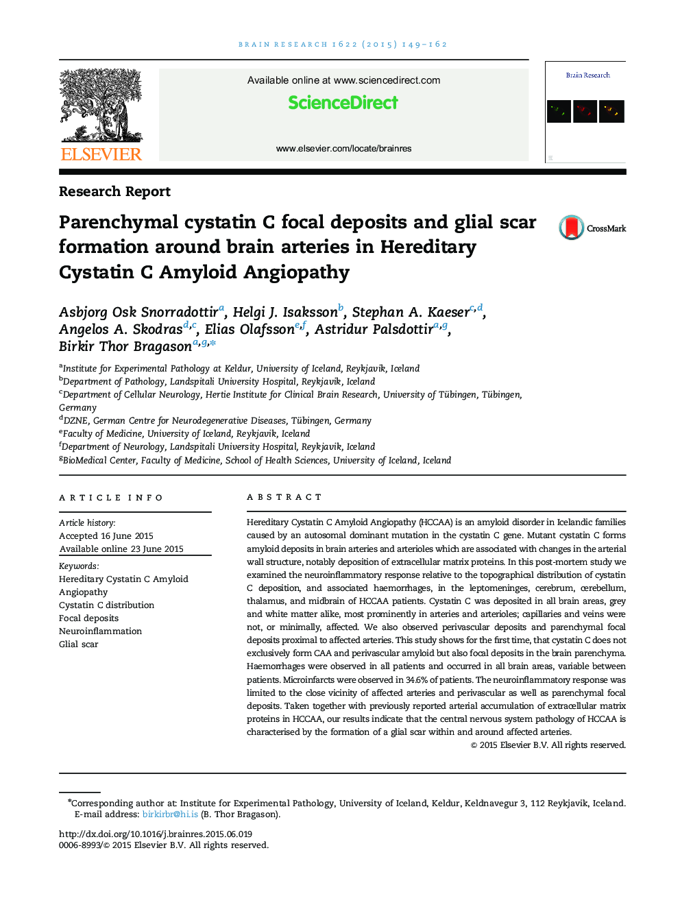 Research ReportParenchymal cystatin C focal deposits and glial scar formation around brain arteries in Hereditary Cystatin C Amyloid Angiopathy