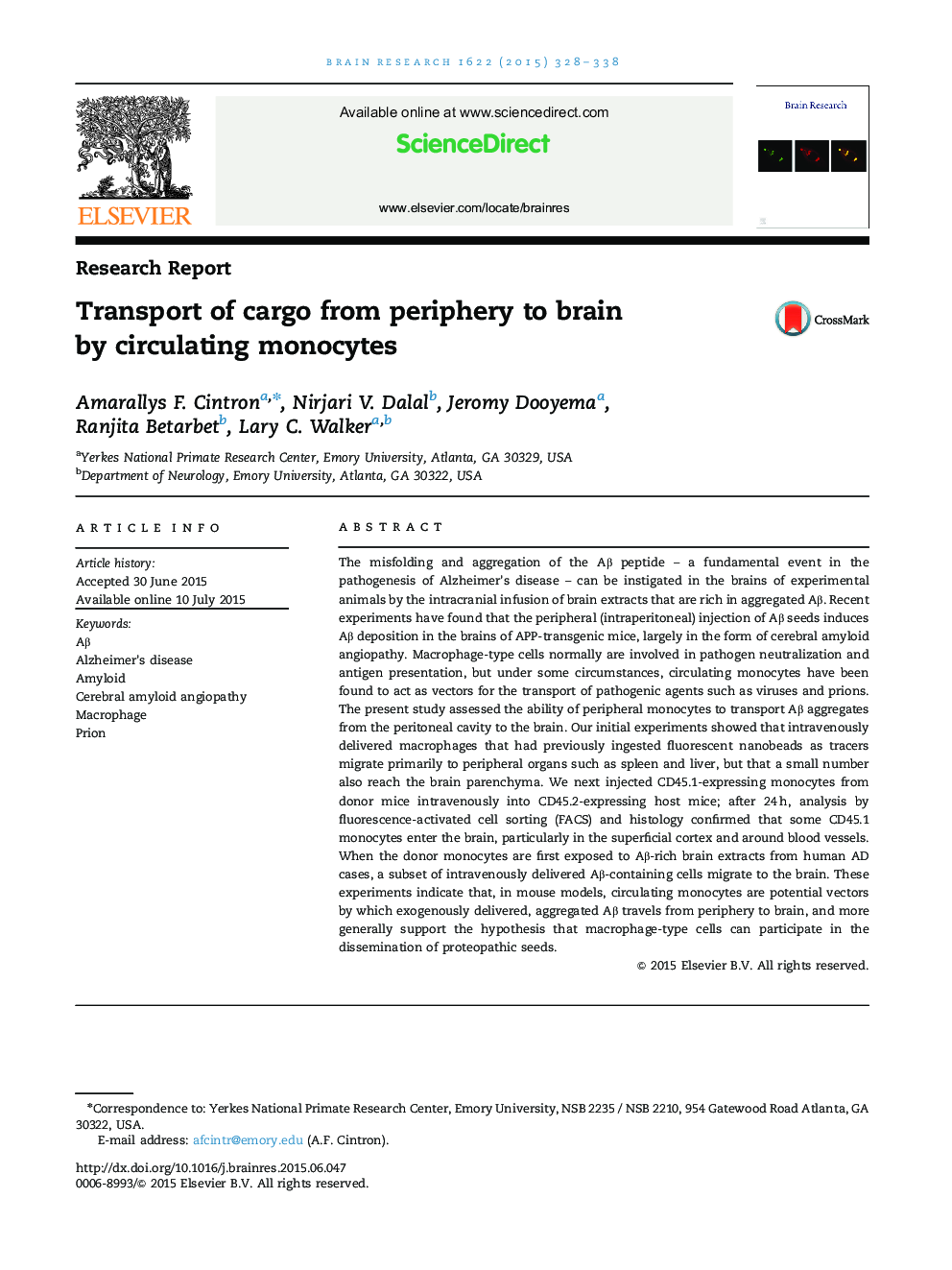 Research ReportTransport of cargo from periphery to brain by circulating monocytes