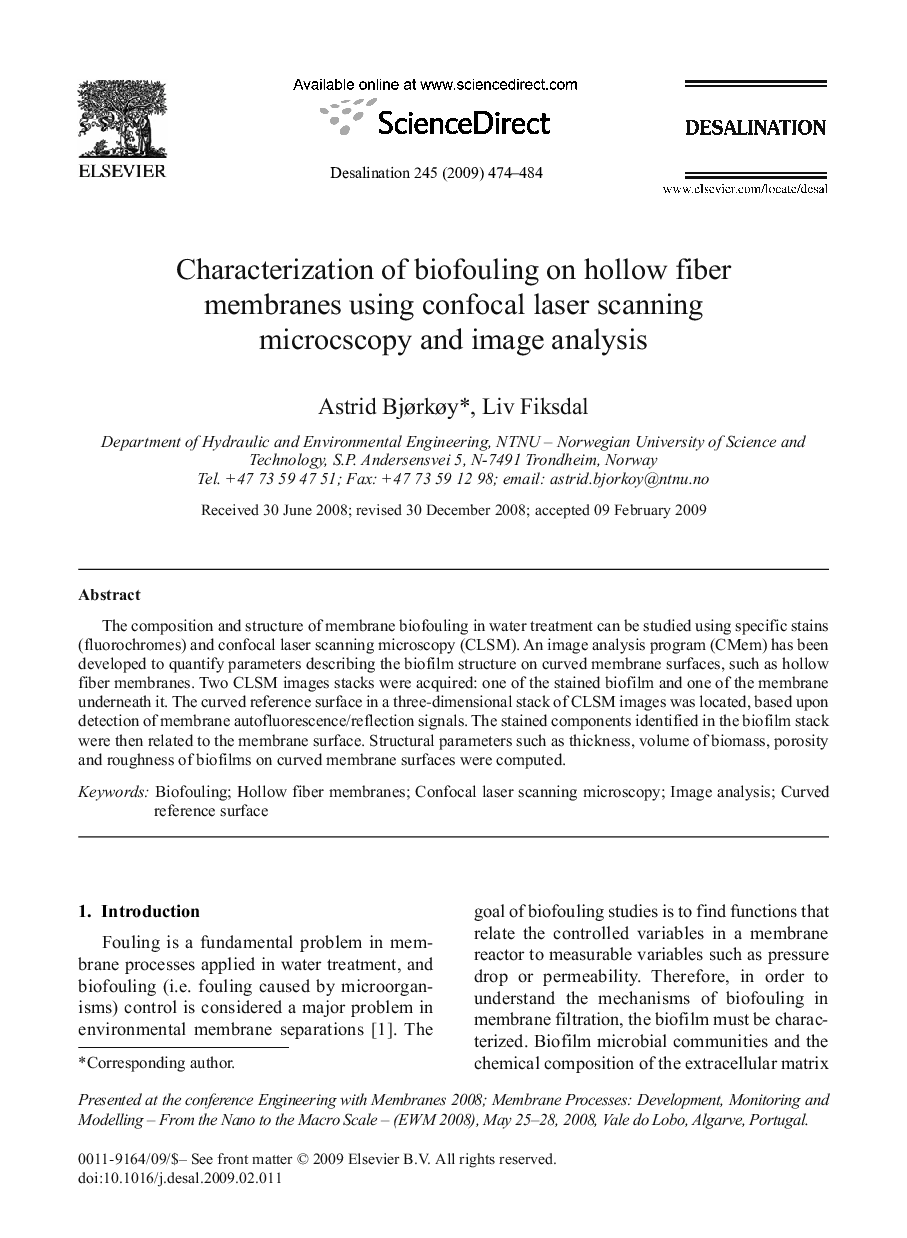 Characterization of biofouling on hollow fiber membranes using confocal laser scanning microcscopy and image analysis