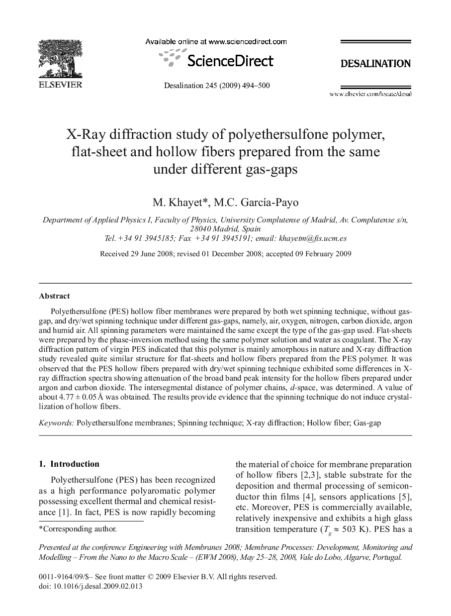 X-Ray diffraction study of polyethersulfone polymer, flat-sheet and hollow fibers prepared from the same under different gas-gaps