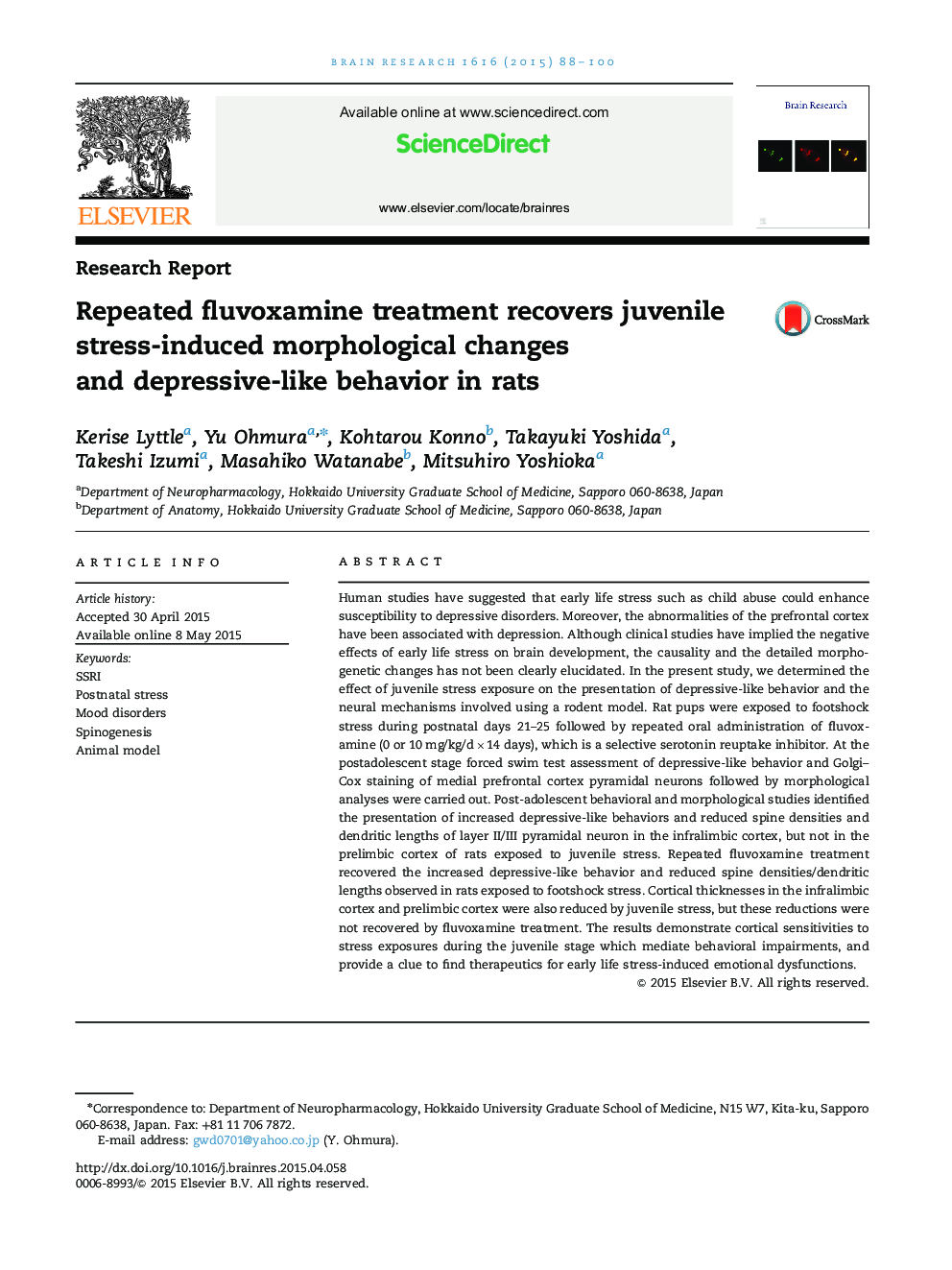 Repeated fluvoxamine treatment recovers juvenile stress-induced morphological changes and depressive-like behavior in rats