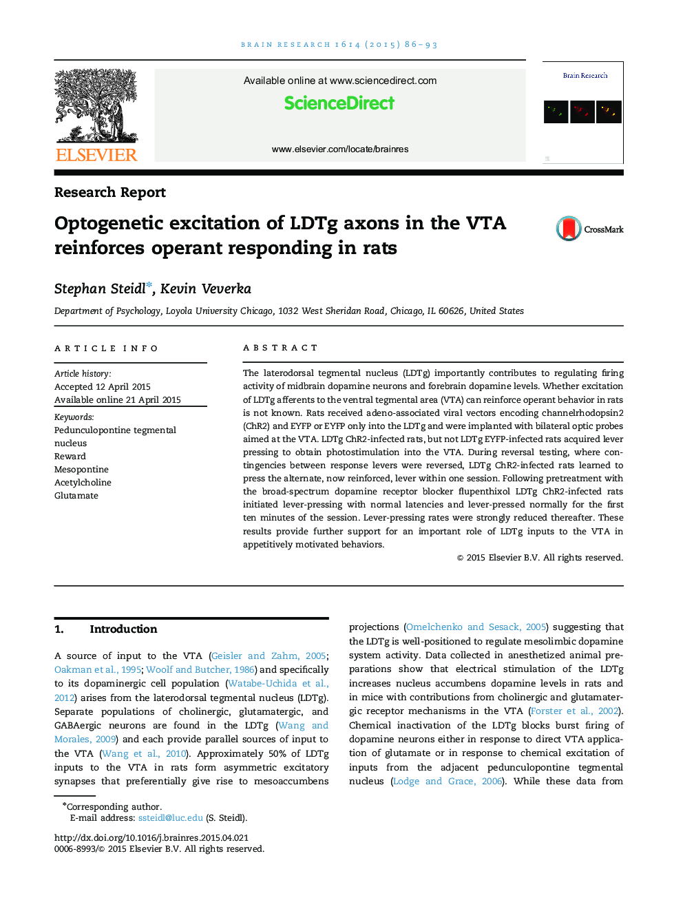 Research ReportOptogenetic excitation of LDTg axons in the VTA reinforces operant responding in rats