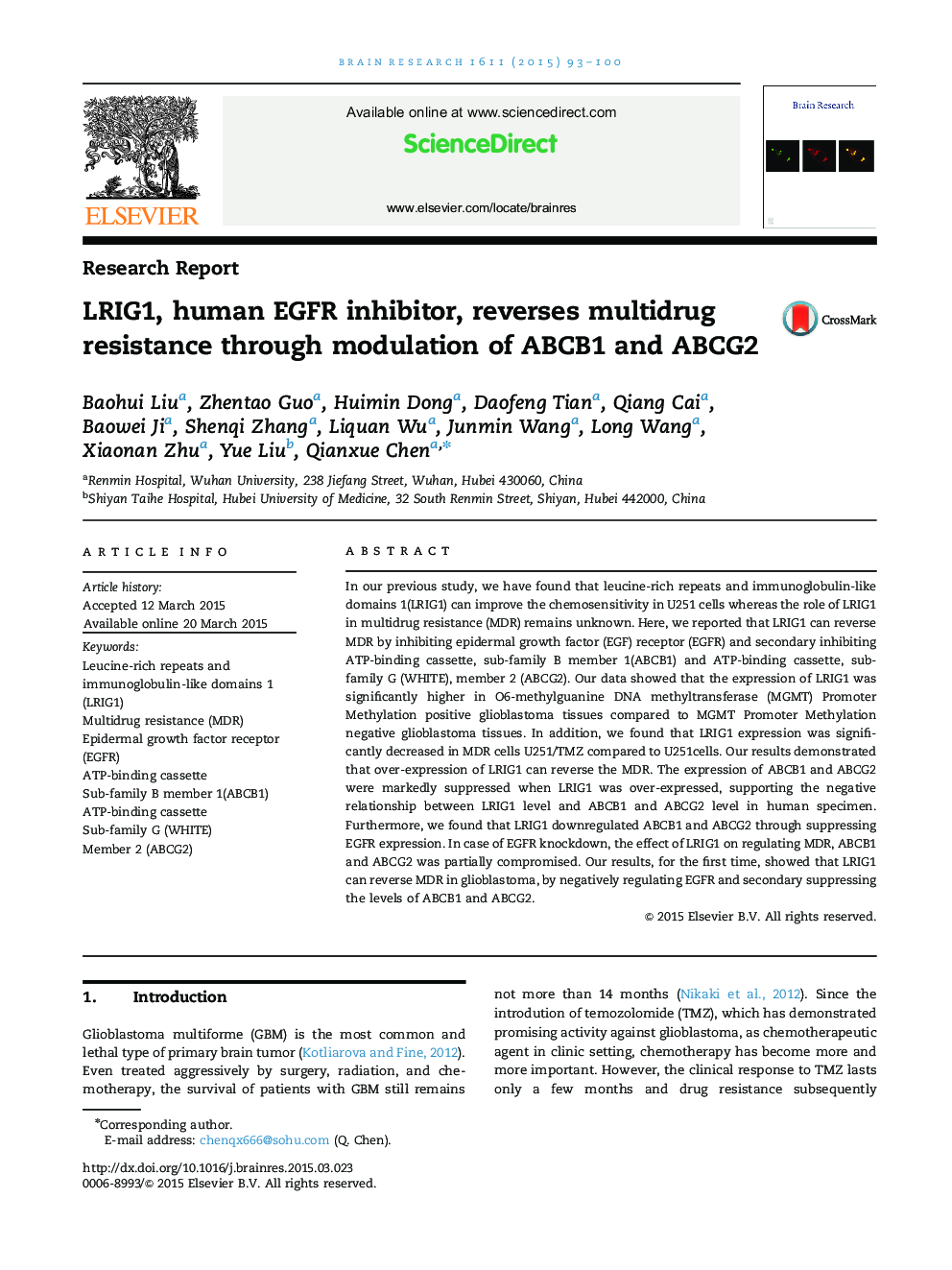 Research ReportLRIG1, human EGFR inhibitor, reverses multidrug resistance through modulation of ABCB1 and ABCG2