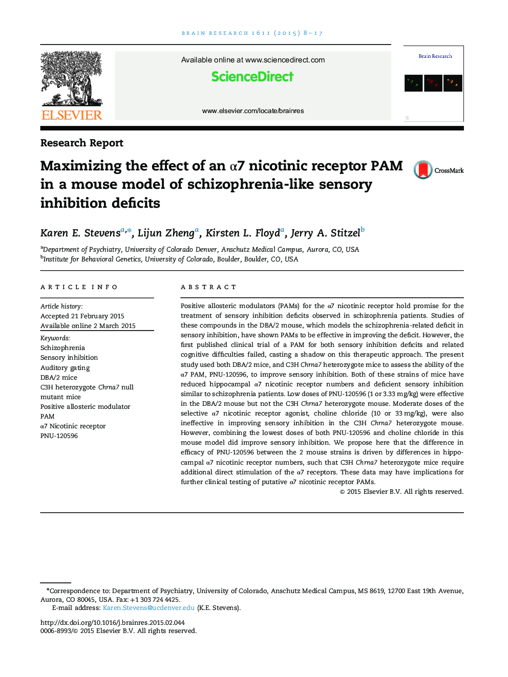 Research ReportMaximizing the effect of an Î±7 nicotinic receptor PAM in a mouse model of schizophrenia-like sensory inhibition deficits