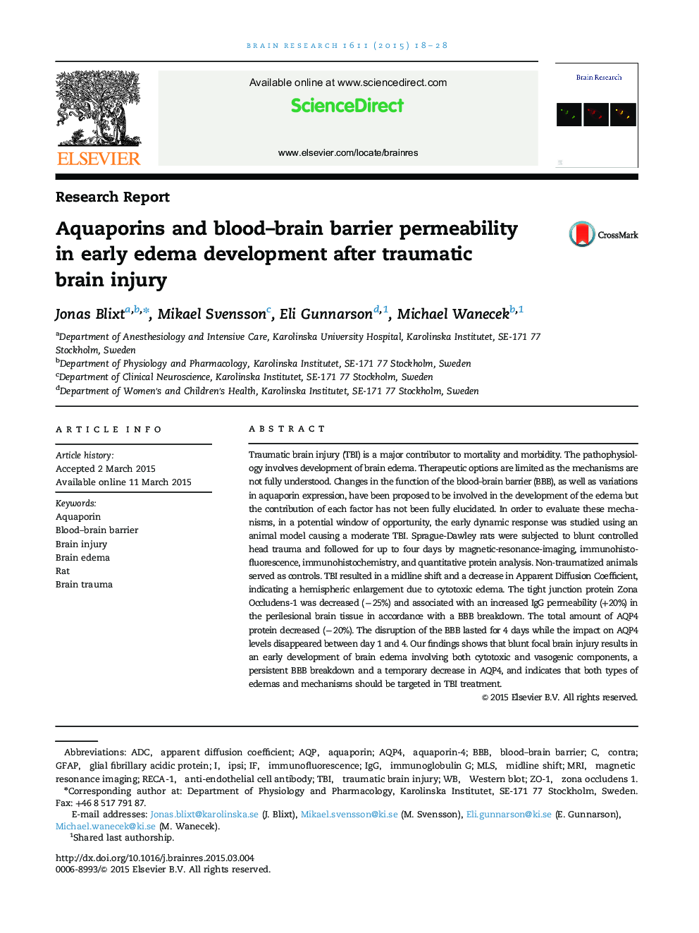 Research ReportAquaporins and blood-brain barrier permeability in early edema development after traumatic brain injury