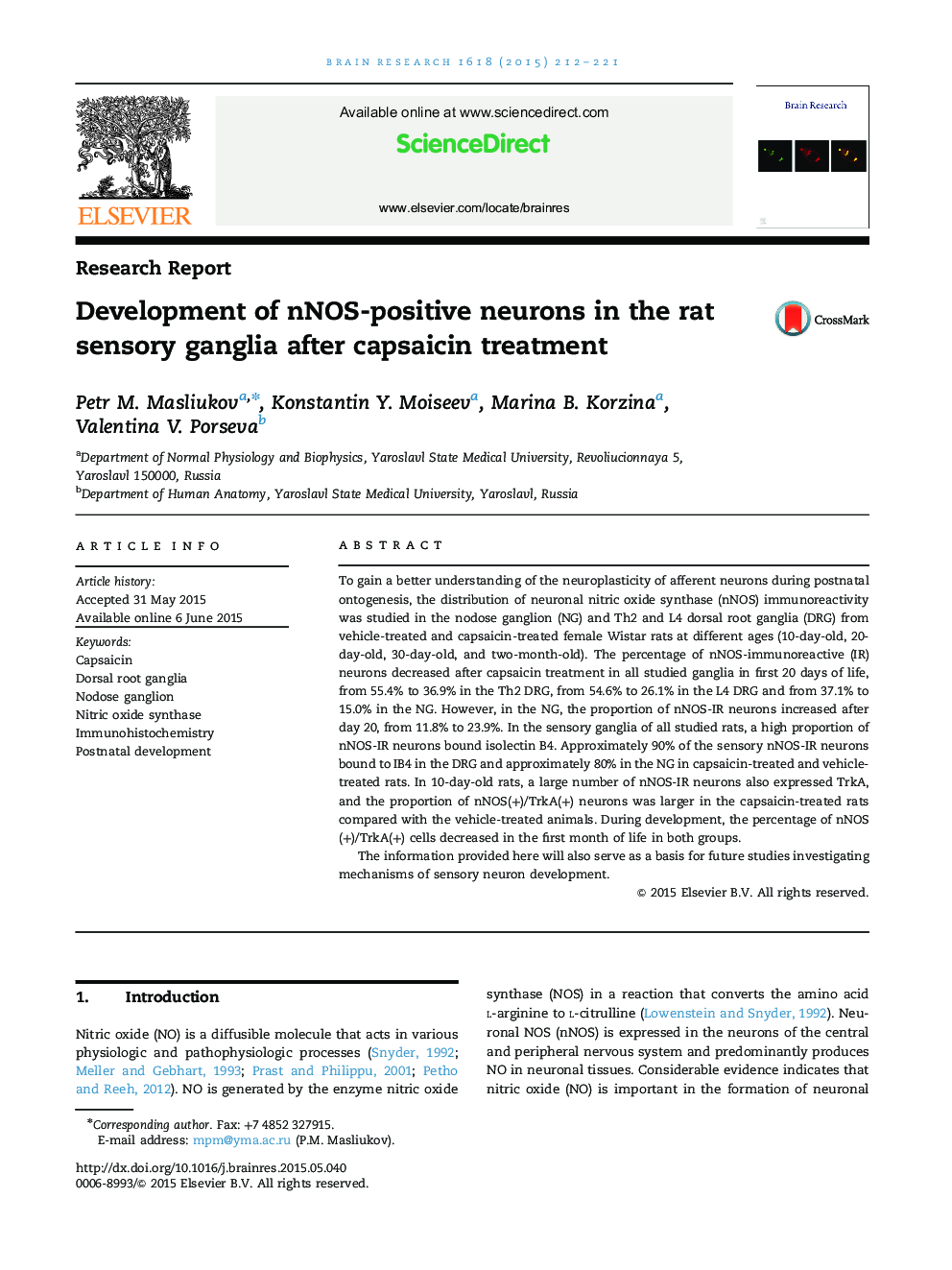 Research ReportDevelopment of nNOS-positive neurons in the rat sensory ganglia after capsaicin treatment