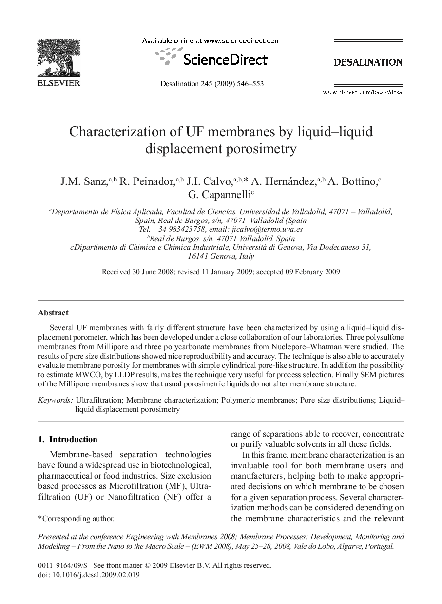 Characterization of UF membranes by liquid-liquid displacement porosimetry