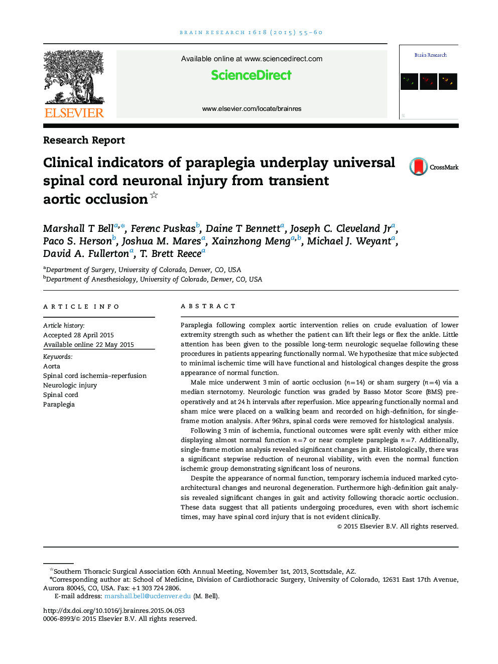 Research ReportClinical indicators of paraplegia underplay universal spinal cord neuronal injury from transient aortic occlusion