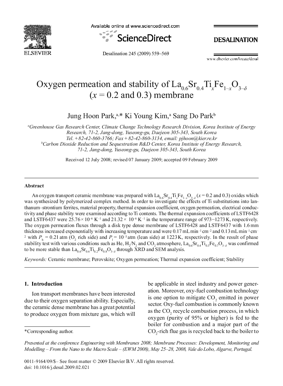 Oxygen permeation and stability of La0.6Sr0.4TixFe1−xO3−δ (x = 0.2 and 0.3) membrane