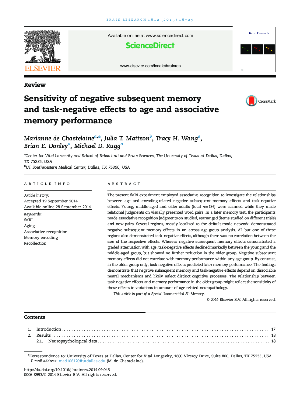 ReviewSensitivity of negative subsequent memory and task-negative effects to age and associative memory performance