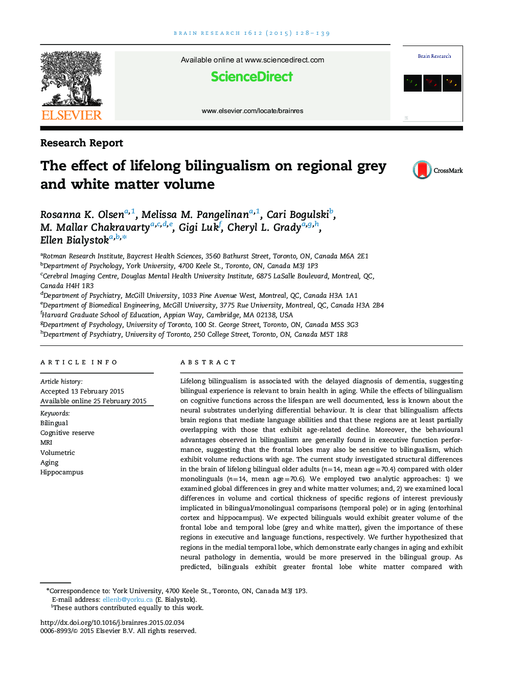 Research ReportThe effect of lifelong bilingualism on regional grey and white matter volume