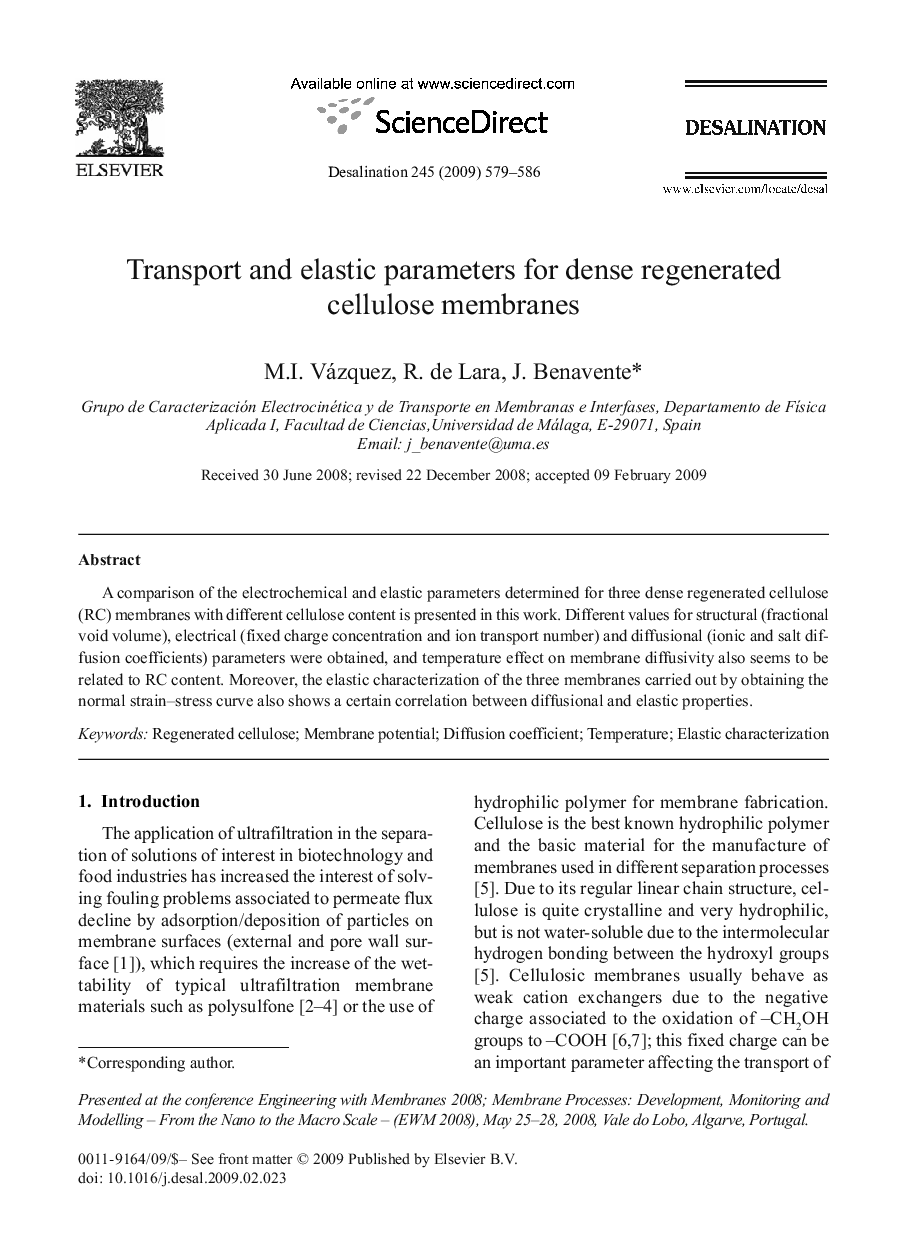 Transport and elastic parameters for dense regenerated cellulose membranes