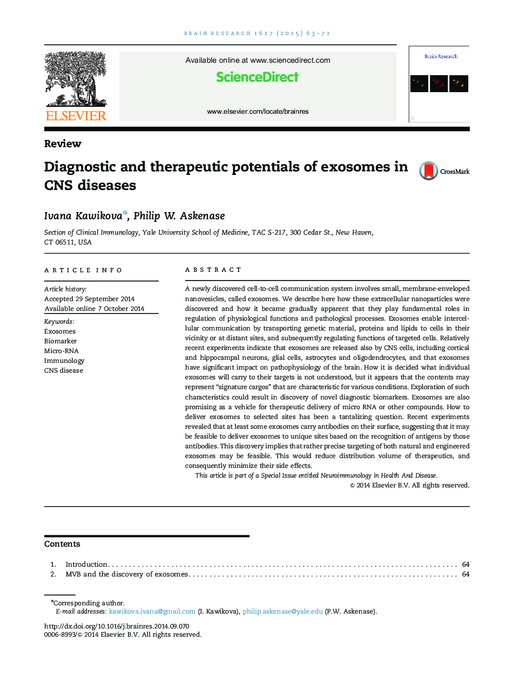 ReviewDiagnostic and therapeutic potentials of exosomes in CNS diseases