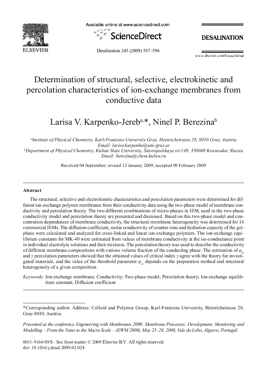 Determination of structural, selective, electrokinetic and percolation characteristics of ion-exchange membranes from conductive data