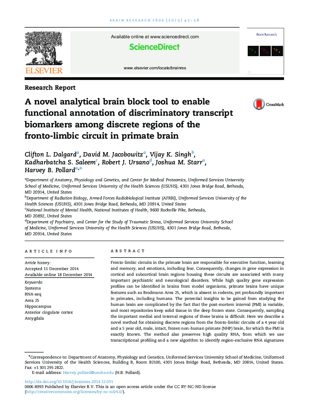 Research ReportA novel analytical brain block tool to enable functional annotation of discriminatory transcript biomarkers among discrete regions of the fronto-limbic circuit in primate brain