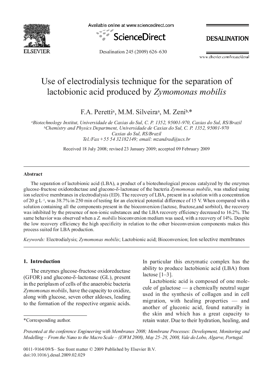 Use of electrodialysis technique for the separation of lactobionic acid produced by Zymomonas mobilis