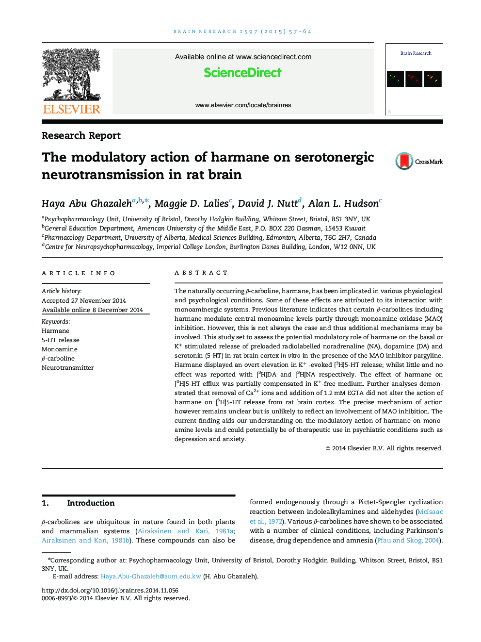 Research ReportThe modulatory action of harmane on serotonergic neurotransmission in rat brain