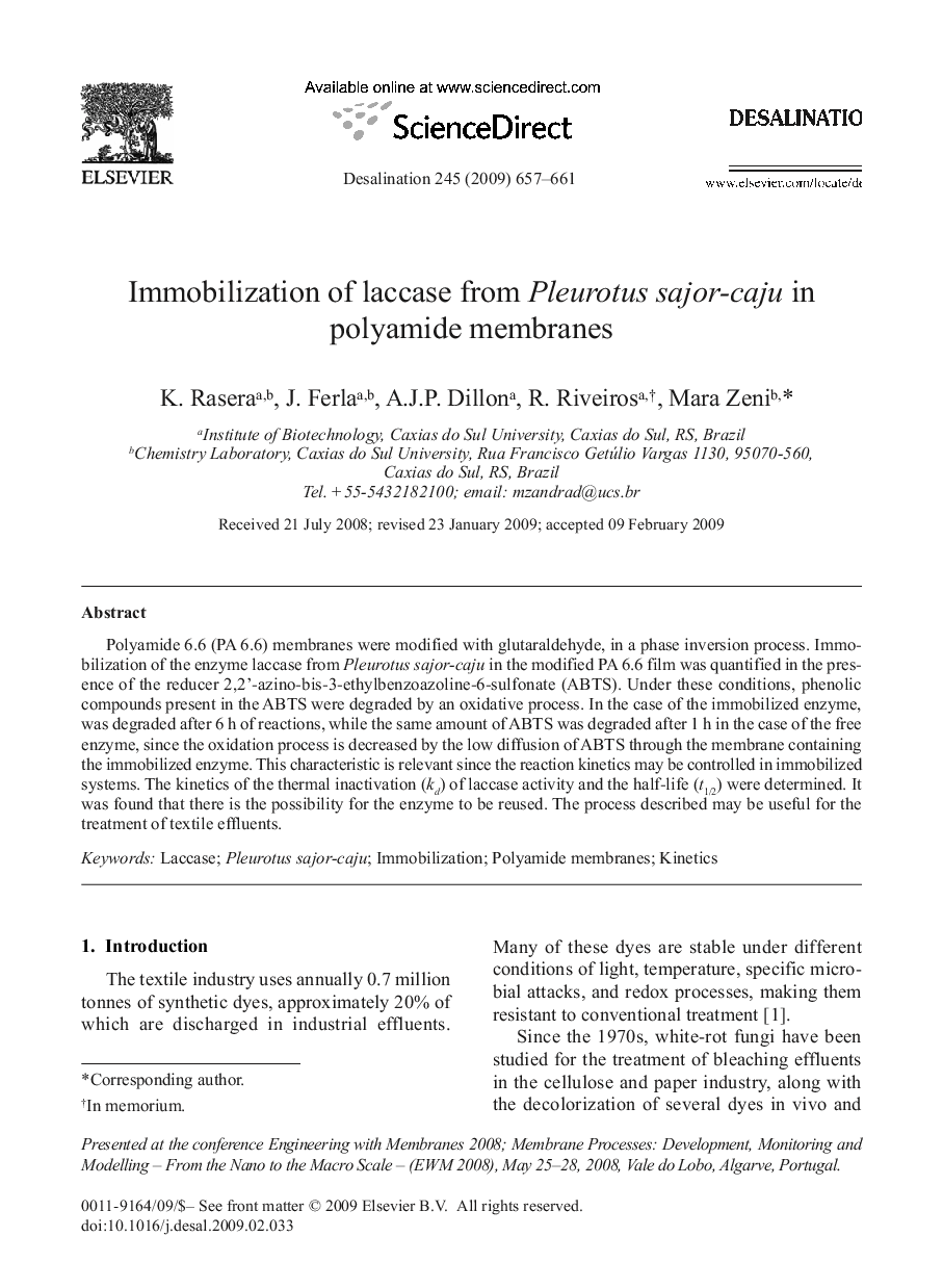 Immobilization of laccase from Pleurotus sajor-caju in polyamide membranes