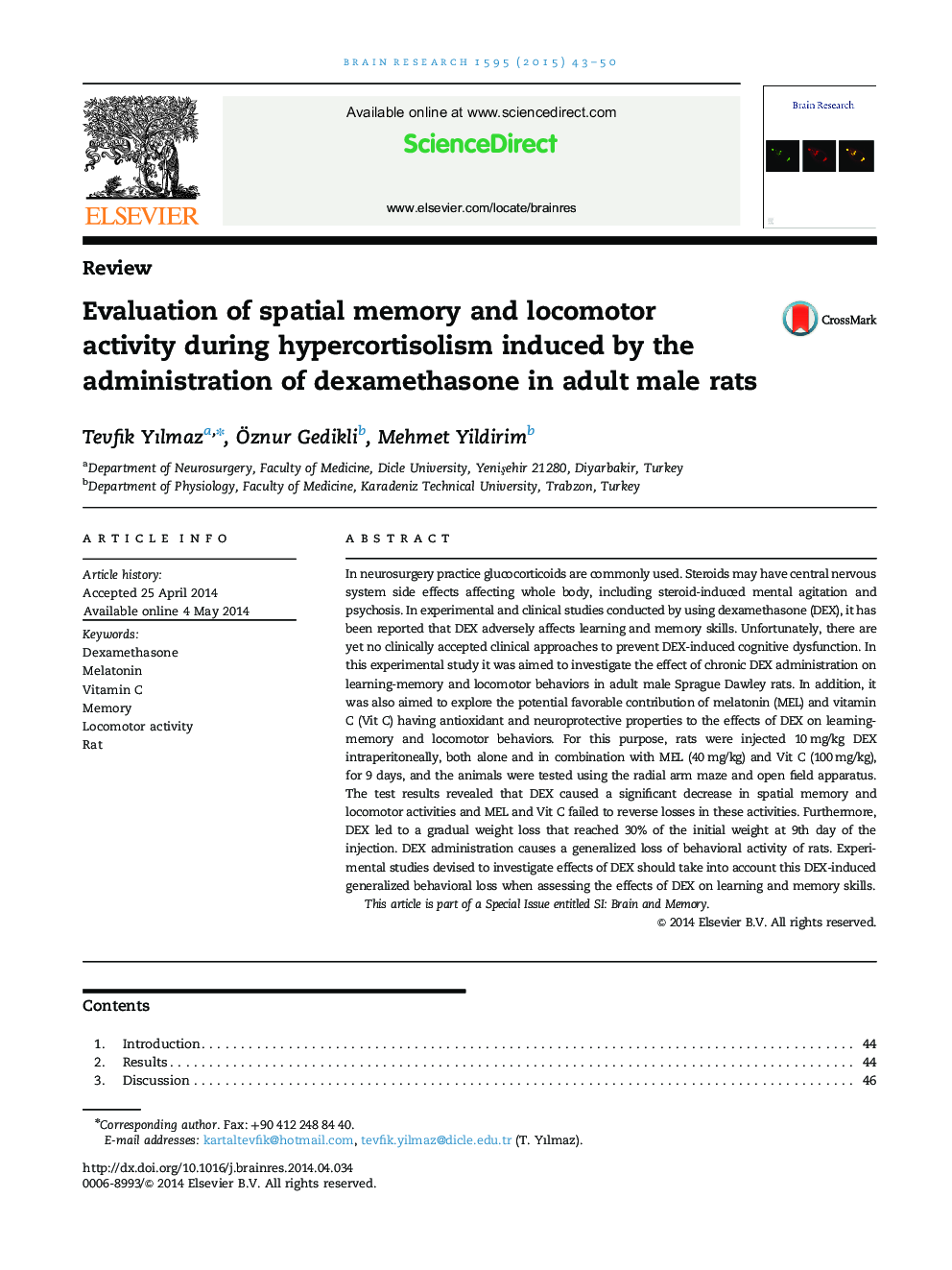 ReviewEvaluation of spatial memory and locomotor activity during hypercortisolism induced by the administration of dexamethasone in adult male rats