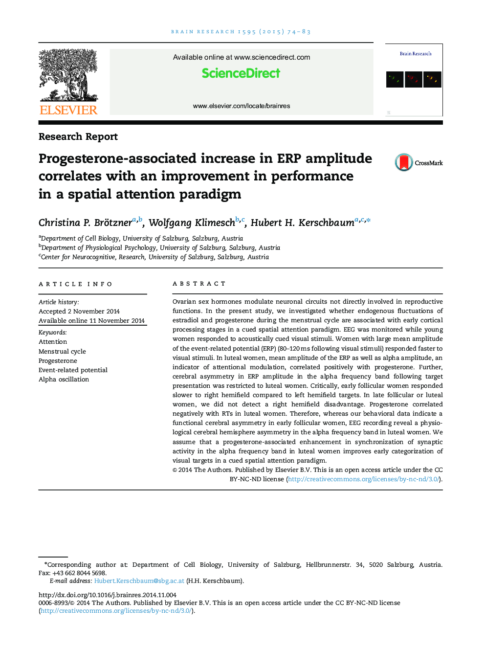 Progesterone-associated increase in ERP amplitude correlates with an improvement in performance in a spatial attention paradigm