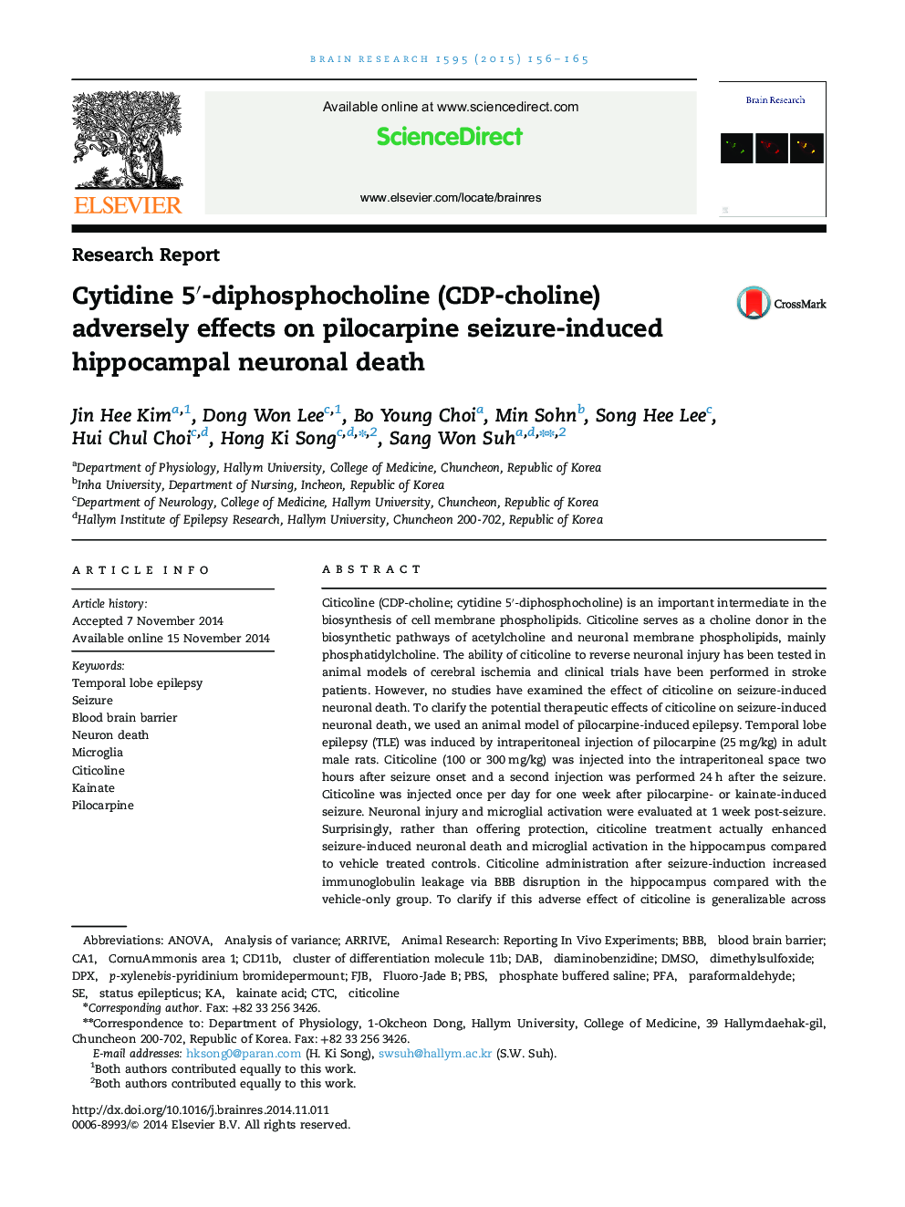 Research ReportCytidine 5â²-diphosphocholine (CDP-choline) adversely effects on pilocarpine seizure-induced hippocampal neuronal death